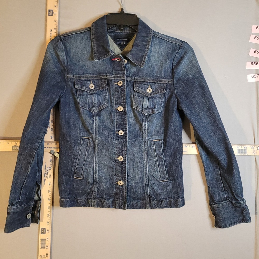 Tommy Hilfiger Womens Denim Trucker Jacket Dark Wash Blue Stretch Size M 0883516